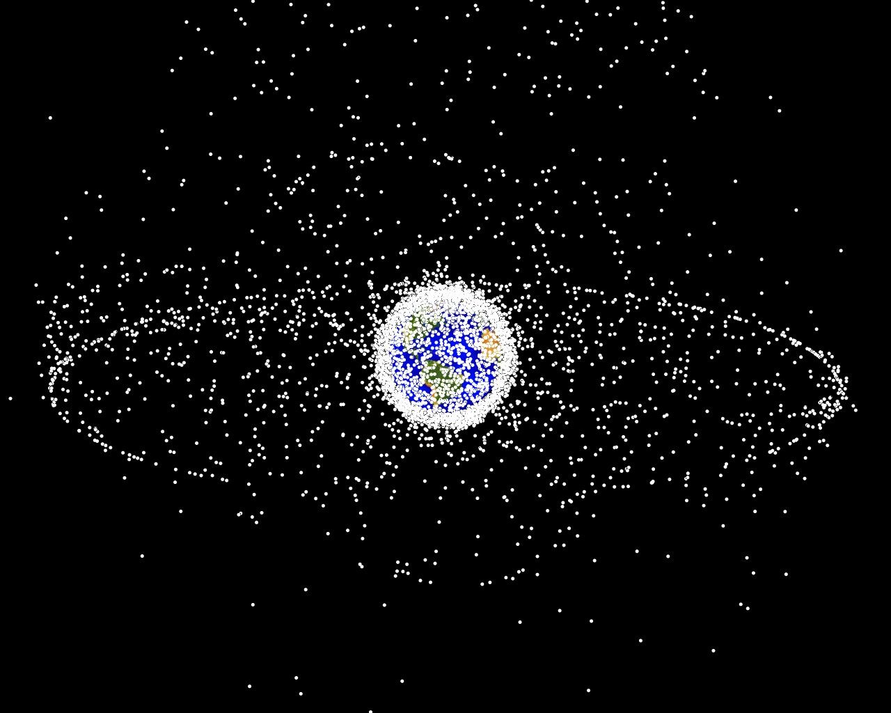 Computergrafik der NASA: Trümmerobjekte im geostationären Erdorbit als dichter Ring aus weißen Punkten