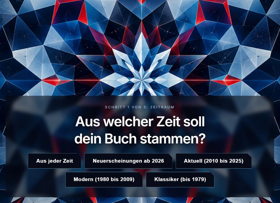 Der erste Schritt des Orakelgraphen: die Frage 'Aus welcher Zeit soll dein Buch stammen?' mit fünf Antwortkacheln vor einem kaleidoskopischen Sternmuster in Eisblau und Rot